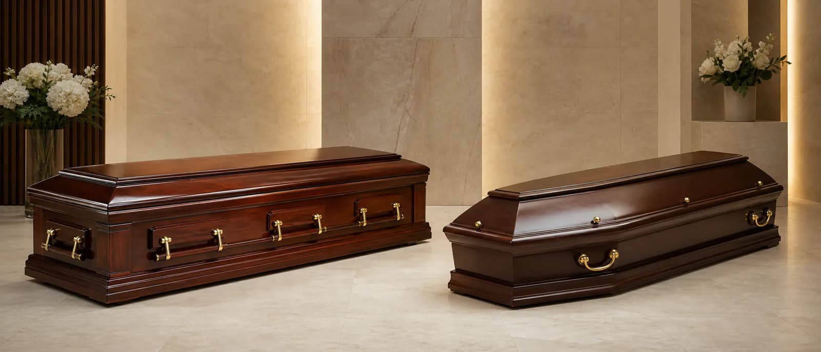 Sicriu american și sicriu european expuse într-un showroom funerar discret