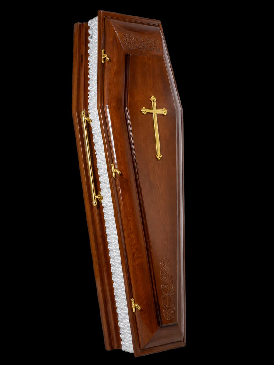 Sicriu stejar maro cu cruce decorativă și panouri ornamentale